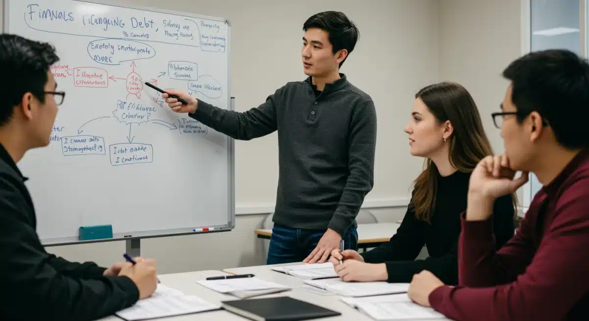 Young adults discussing debt management strategies on a whiteboard.