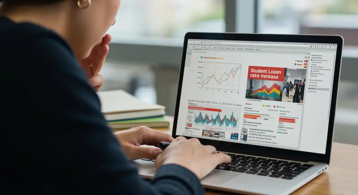 Student reviews financial charts on laptop regarding loan interest rate hike.