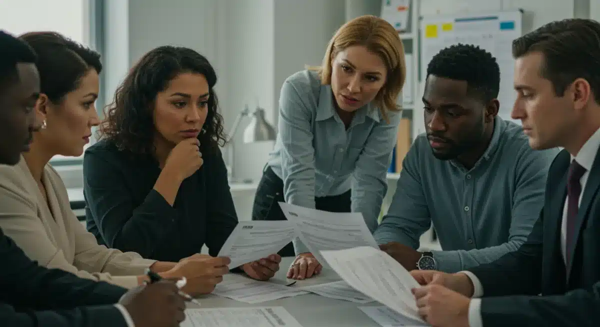 Diverse group discussing financial documents, representing taxpayers and advisors.