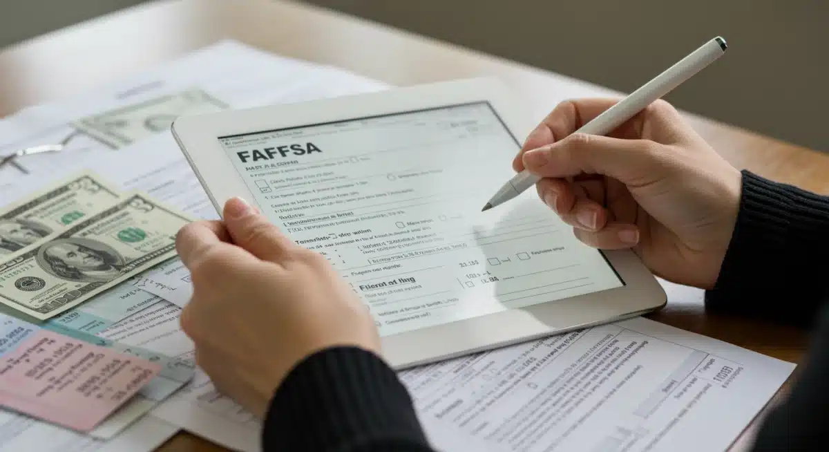 Detailed view of filling out the 2026 FAFSA form on a tablet with supporting financial documents.