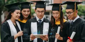 College graduates reviewing student loan repayment information on a tablet.