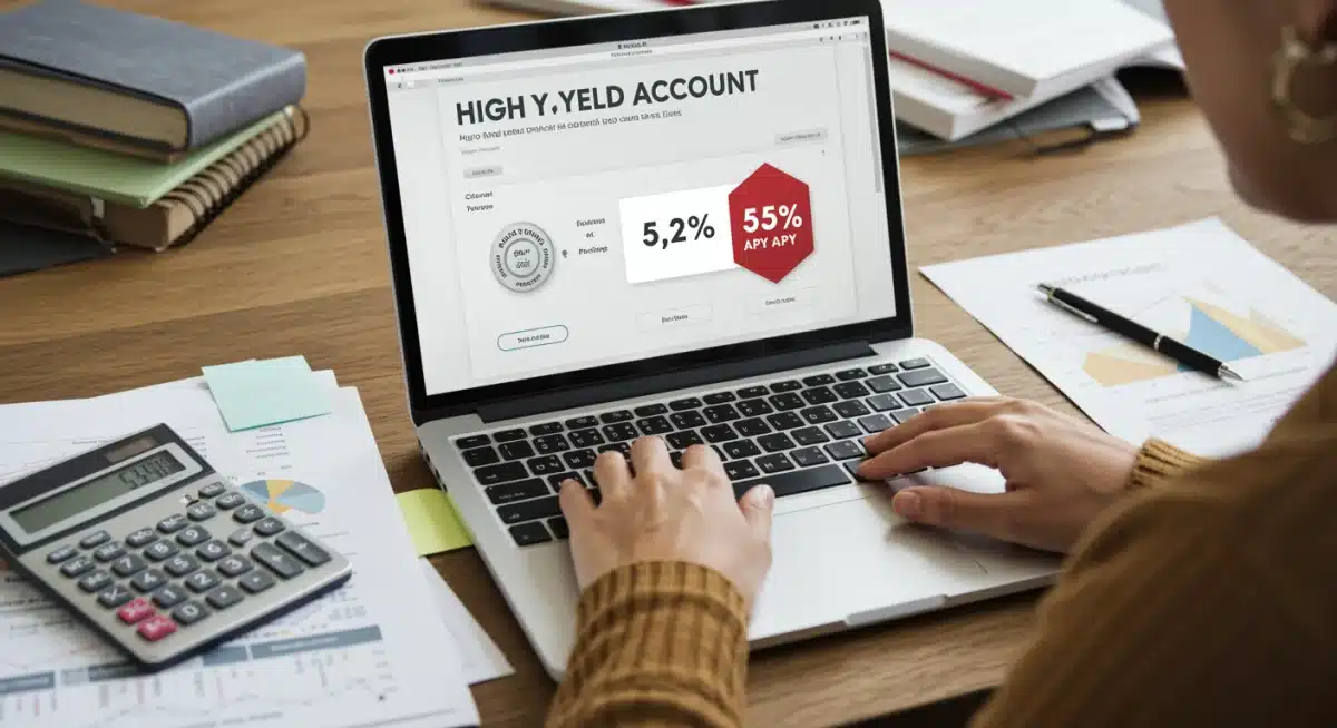 Individual reviewing high-yield savings account details on a laptop.