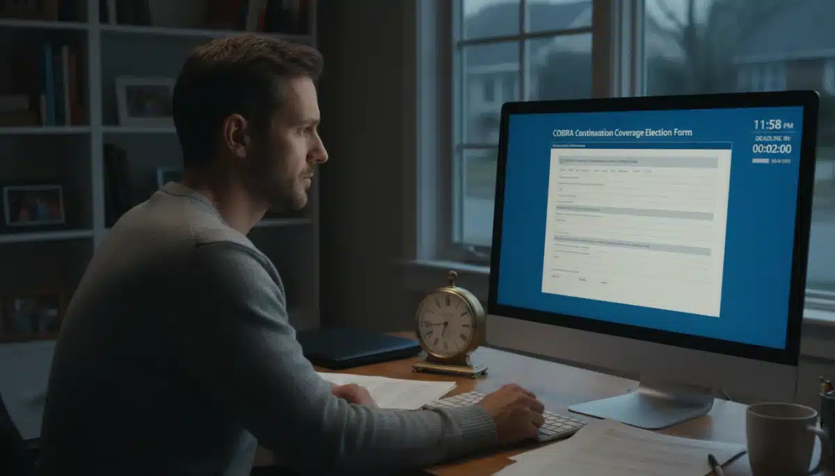 Individual reviewing COBRA enrollment form on a computer, highlighting the urgency of the 60-day deadline.