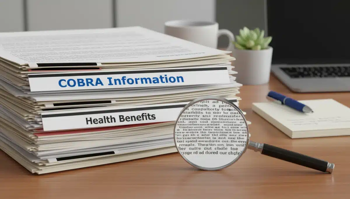 Stack of COBRA and health benefits documents with a magnifying glass, representing thorough review.